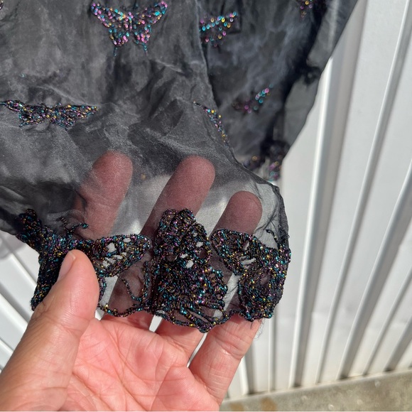 FLEUR DU MAL black sheer silk organza mesh puff short sleeve butterfly beaded - Picture 6 of 8